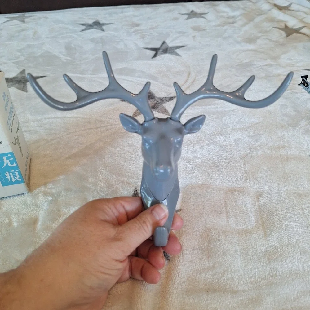 Deer Stag Head Hook Wall Hanger Clothes Robe Holder Key Holder Plastic Gray